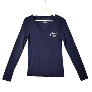 Aeropostale Y2K Navy Blue V-Neck Basic Tee Womens XL‎ Long Sleeve Logo Ribbed